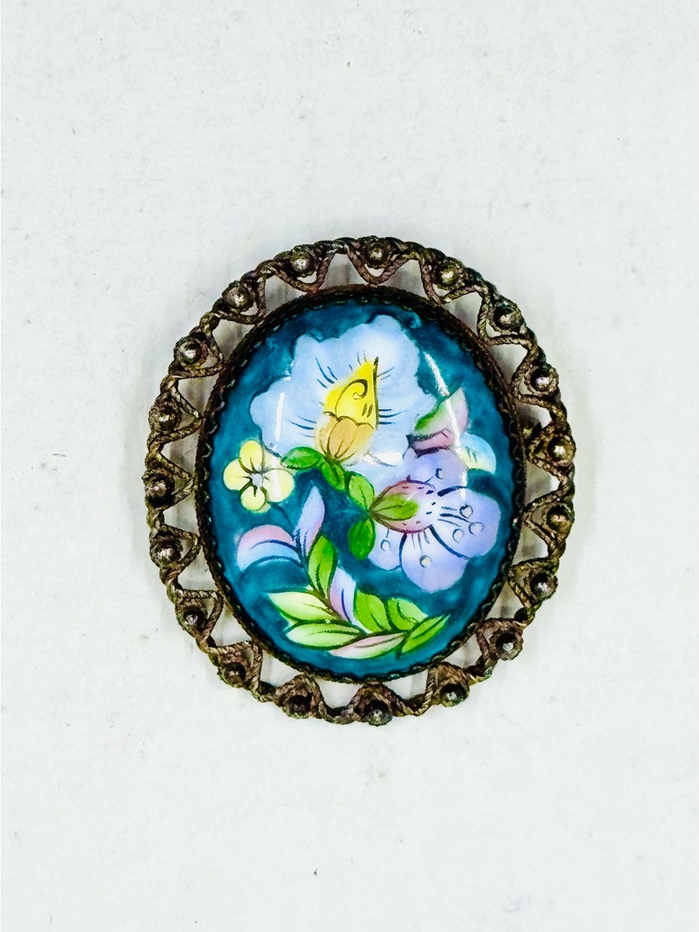Vintage Russian Hand-Painted Enamel Floral Brooch W/Antiqued Gold Filigree Frame